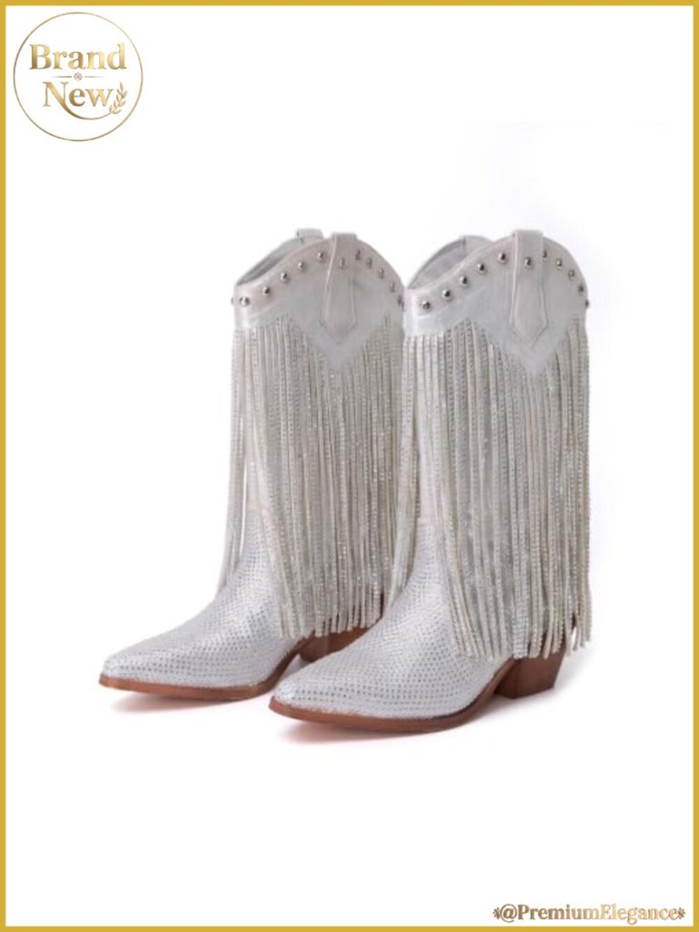 Women's Rhinestone Cowboy Boots Fringe Mid Calf Chunky Heel Cowgirl Western